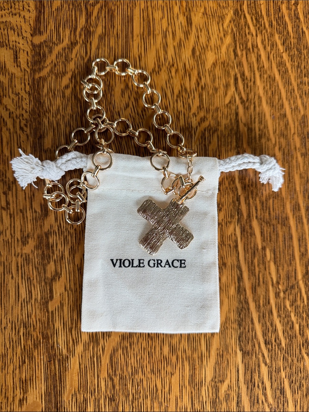 Gold Link Necklace with Textured Cross Pendant